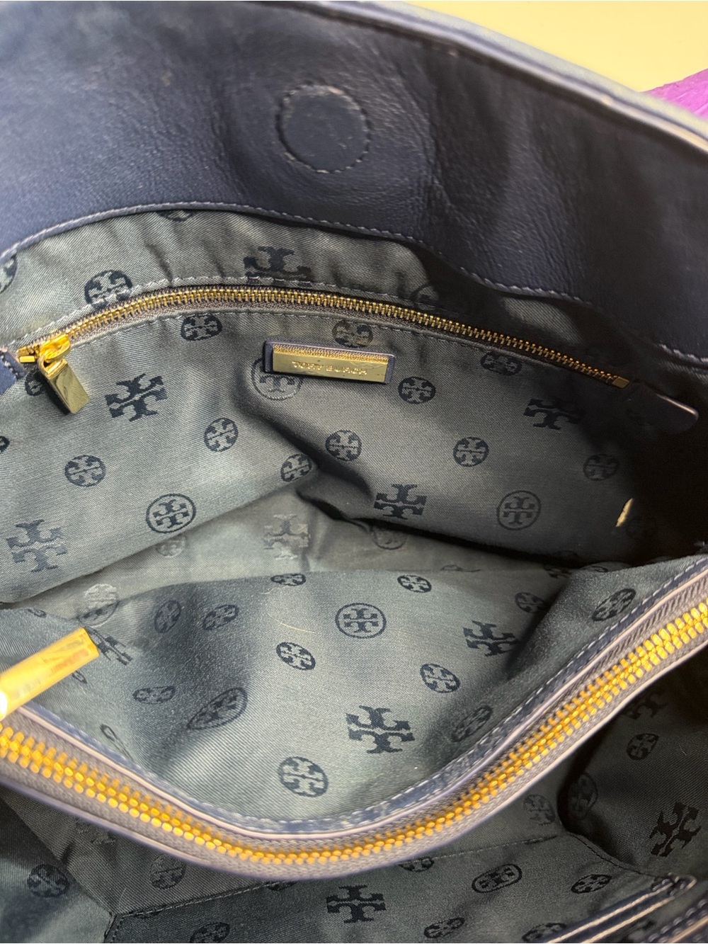 Tory Burch Quilted Tote with Gold Chain Handles in Navy Blue - Picture 6 of 7